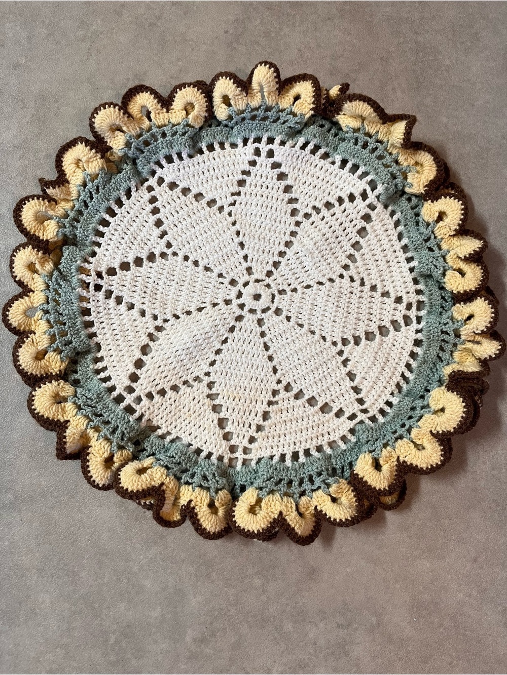 Handmade Crochet Round Doily with Scalloped Edge - White, Sage, Yellow, Brown